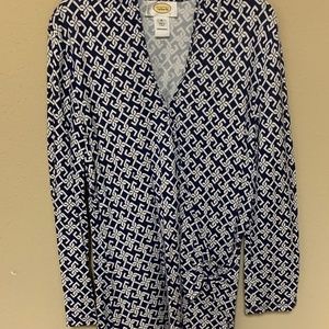Medium Talbots Ladies Faux Wrap Top Rayon/Spandex Gently Worn Navy Blue & White